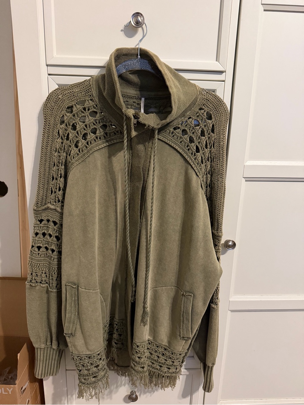 Free People Olive Green Open Crochet Hooded Top
